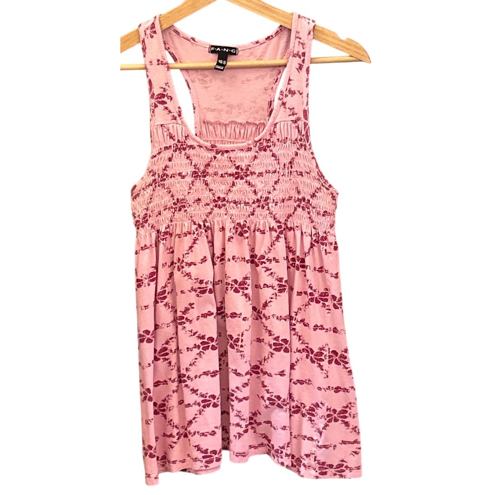 Y2K Fang Floral Smocked Tank Top Coquette Fairycore Pink Cotton Racerback XL